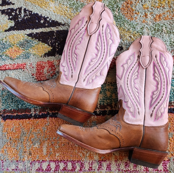 JUSTIN Punchy Pink Westerner Cowhide Foot COFFEE Leather Cowgirl Boots 8.5B EU C - Picture 10 of 16